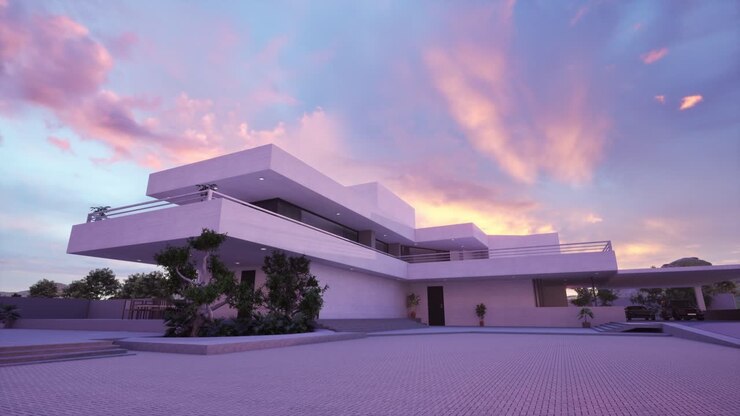 Moderne minimalistisk hus ved solnedgang