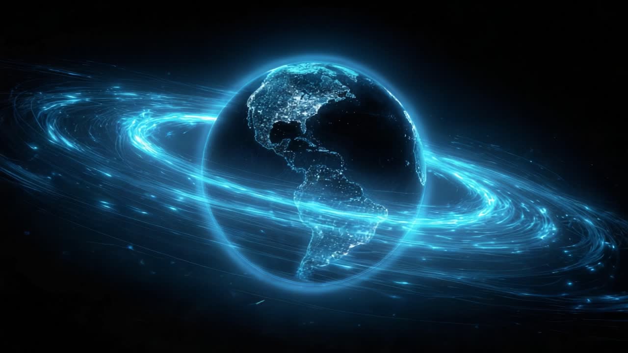 Digital visualization of planet Earth rotating at night, featuring glowing city lights and swirling blue energy rings, symbolizing global connectivity, technology, and futuristic networks