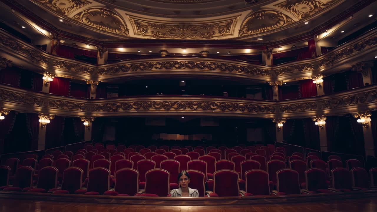 Woman sitting alone in an empty grand theater