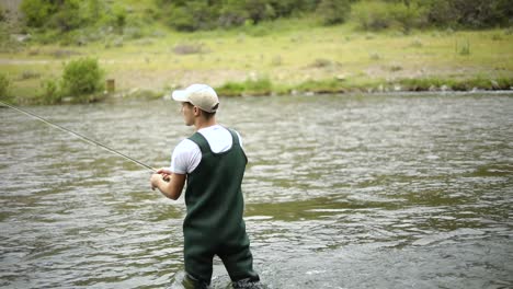 Slow-Motion-Shot-of-a-Caucasian-male-fisherman-casting-his-hook-while-Fly-Fishing