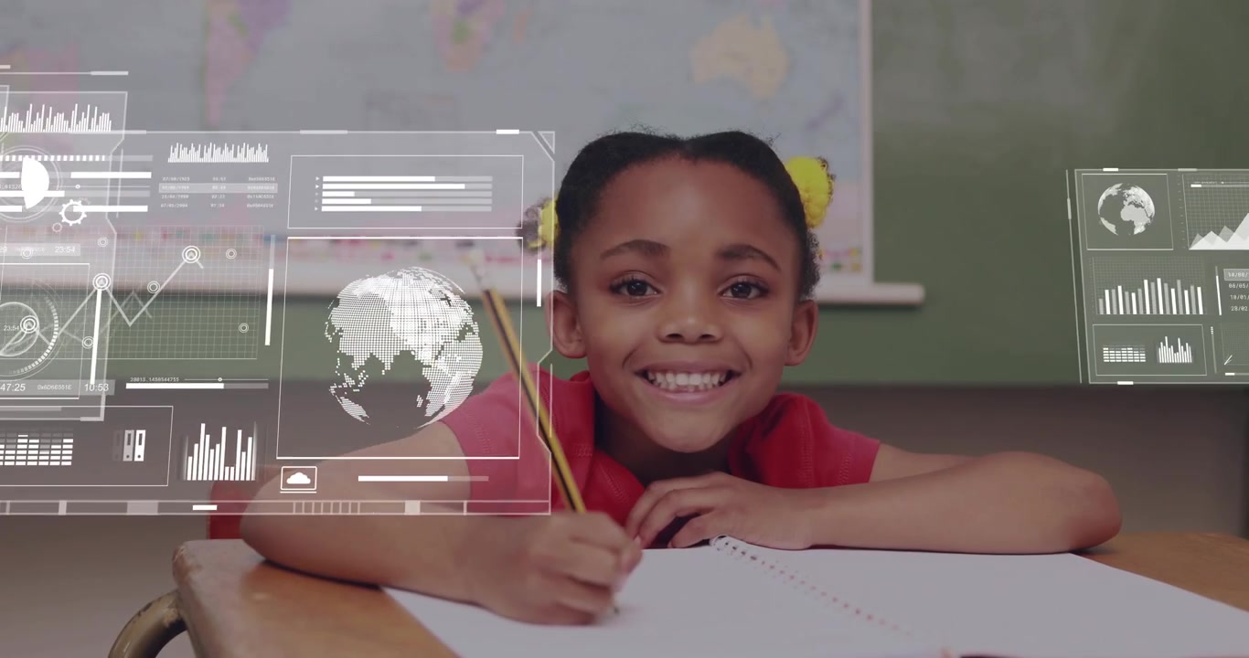 Student writing, pencil tapping at school starting charts globe overlaying face receding smiling
