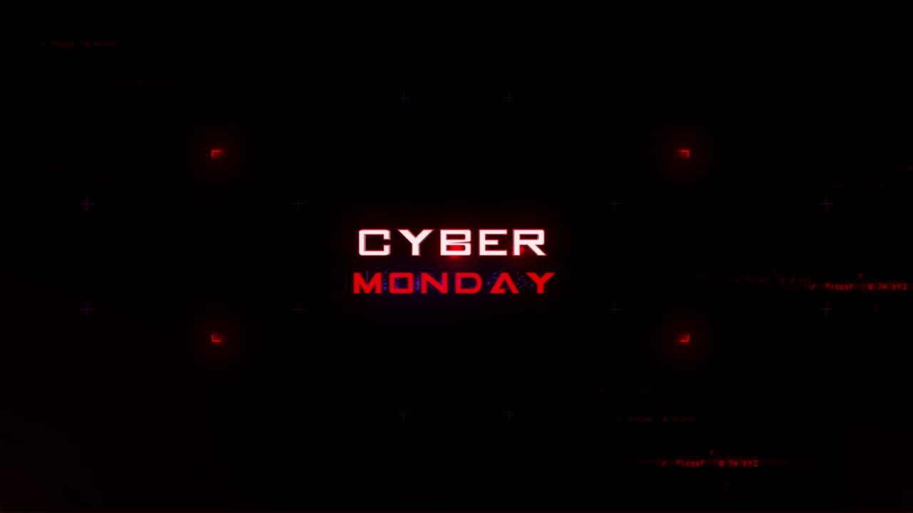 Cyber Monday på digital skjerm med HUD-elementer og glitch