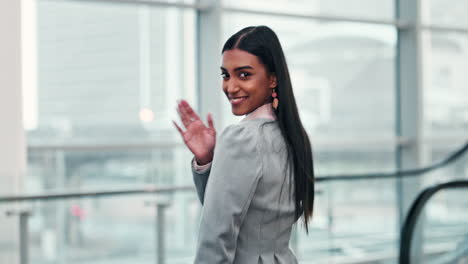 happy, wave and back view of business woman