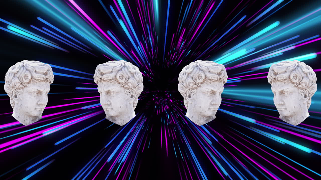 Animation of antique sculpture heads over light trails