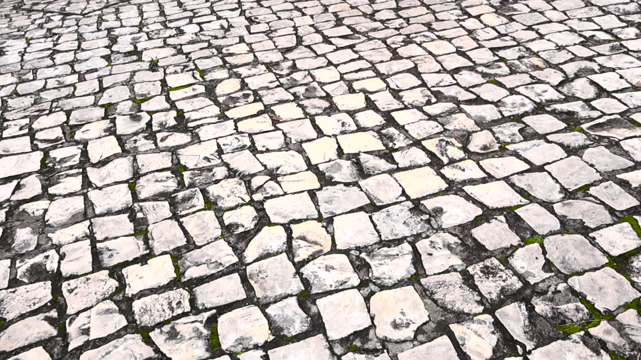 Close view of traditional Portuguese calçada pavement made of worn white mosaic stones, revealing detailed texture, age, and subtle movement across the historic surface