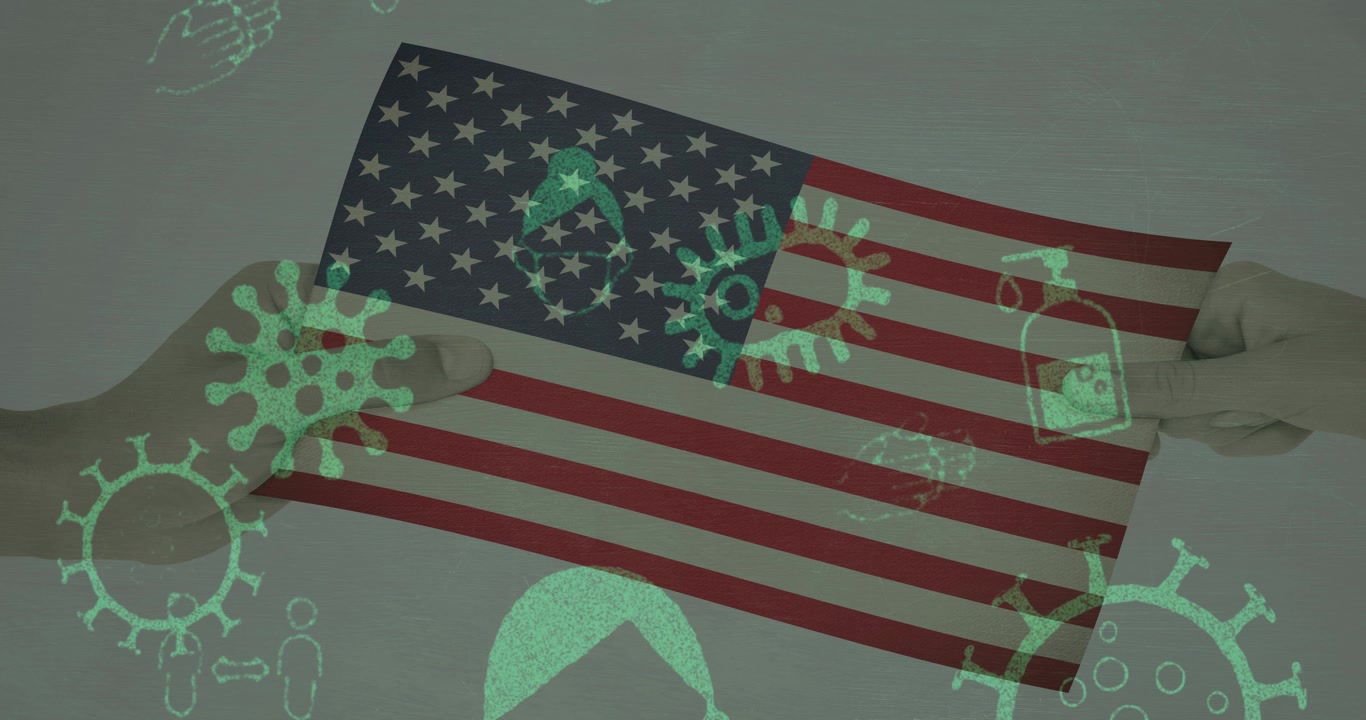 Animation of virus cells and covid icons over flag of usa