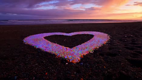 herzförmige strandkunst beim sonnenuntergang