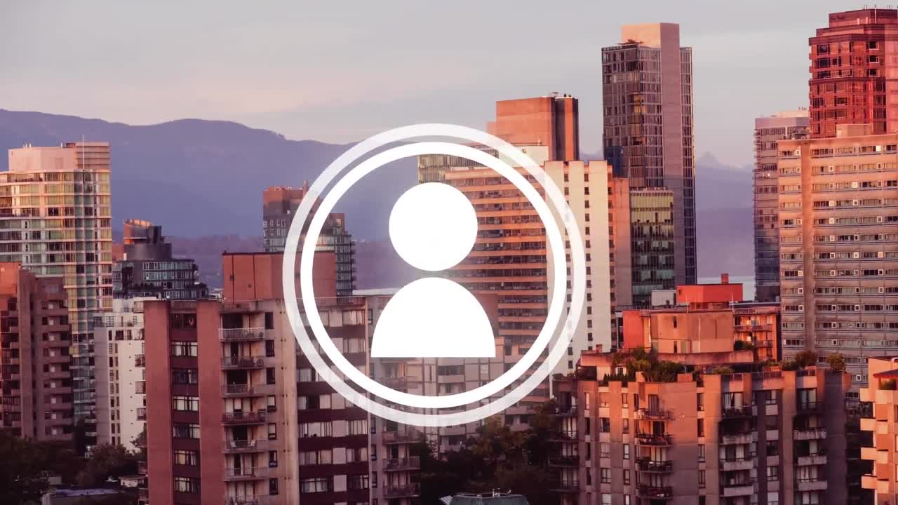 animación del icono de la persona que se mueve sobre el paisaje urbano moderno y la cordillera