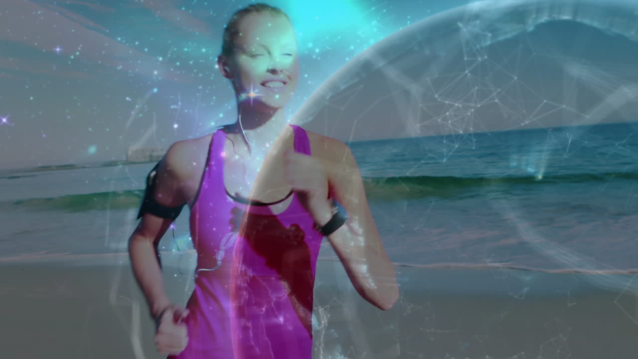 animación de redes de conexiones sobre mujeres afroamericanas felices en la playa