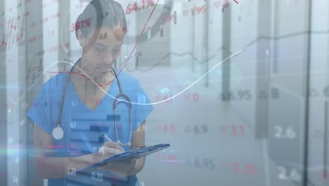 stock market data processing against female health worker writing on clipboard