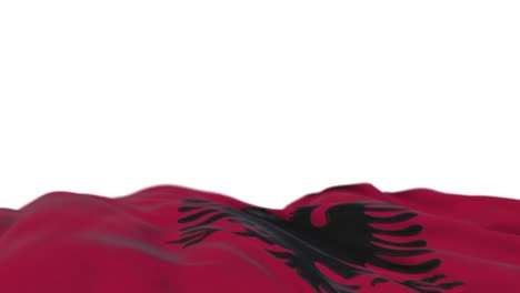 albania fabric flag waving on the wind loop. albanian embroidery stiched cloth banner swaying on the breeze. half-filled white background. place for text. 20 seconds loop.