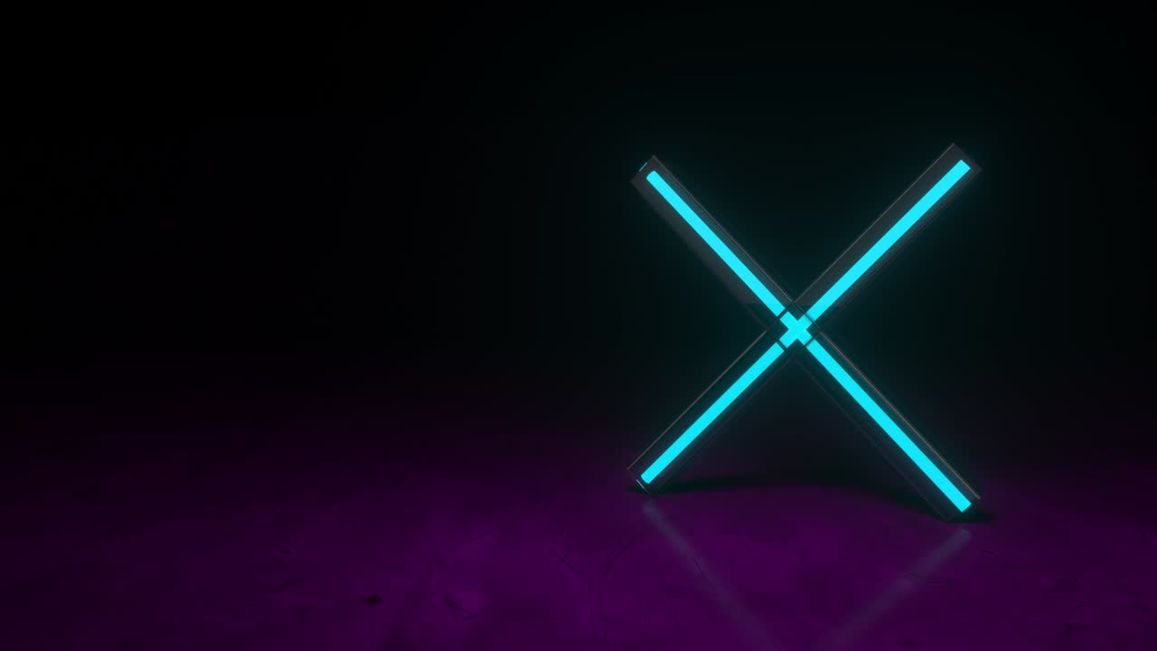 futurístico juego de neón azul brillante símbolo de cruz en fondo púrpura oscuro con reflejo borroso. fondo geométrico de ciencia ficción. lámpara led. parpadeos. animación de bucle 3d de 4k