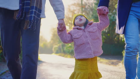 cerca de la familia con dos padres que llevan a la hija a pasear en el campo de otoño o invierno
