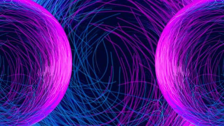 Bella linea animata luminosa viola e blu, motivo astratto a spirale su un attraente sfondo colorato. 4K