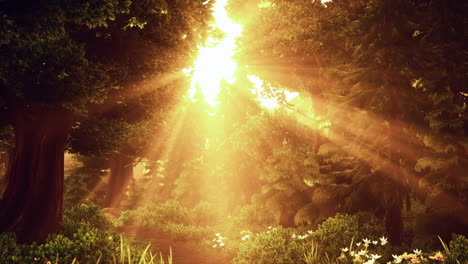dibujo animado florecimiento del bosque verde en la puesta de sol