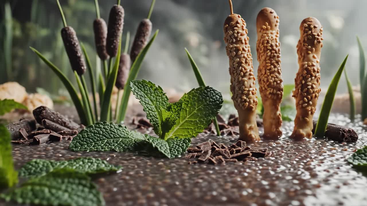 Chocolate Dessert with Chia Seeds, Mint, and Sesame Sticks