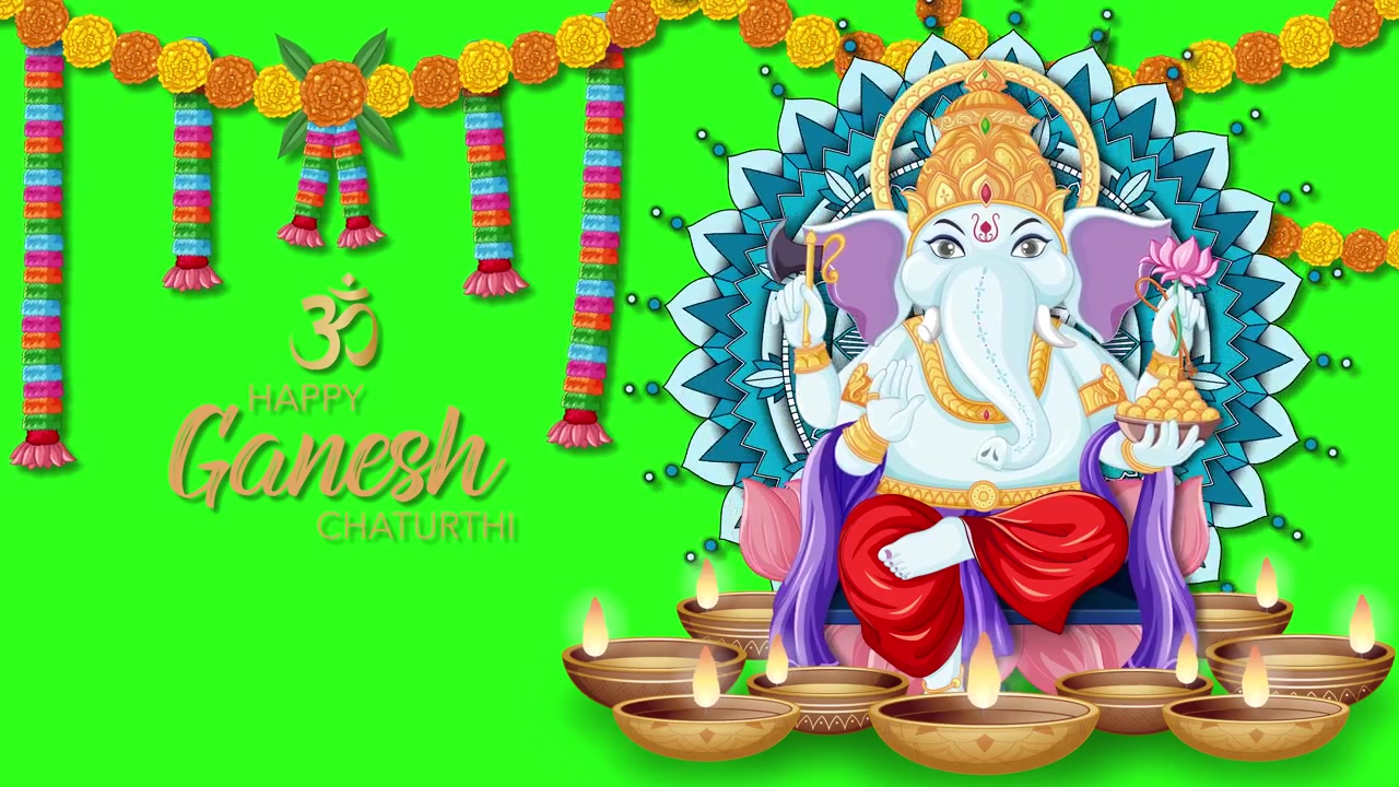Animação de Ganesha em desenho animado aparece com mandala, guirlandas de calêndula e lamparinas a óleo bruxuleantes em tela verde.