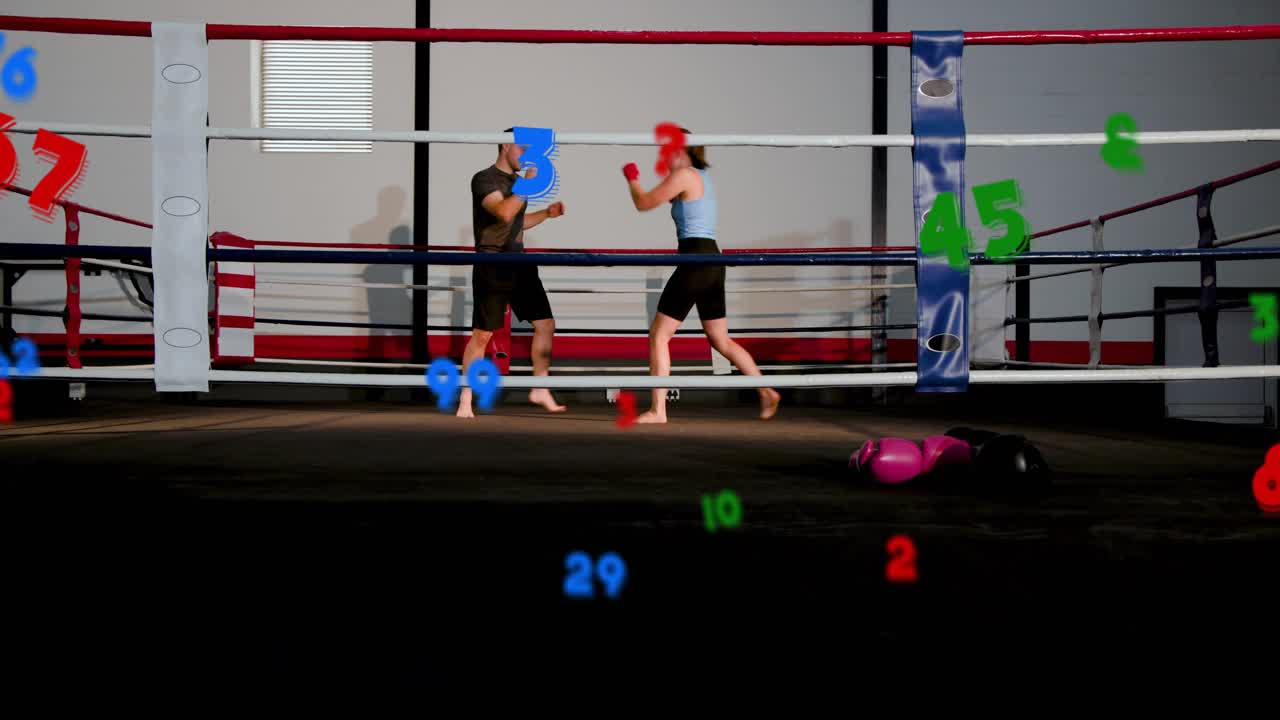 Man probing jabs, woman guarding and evading, boxers sparring in ring, overlays tagging strikes