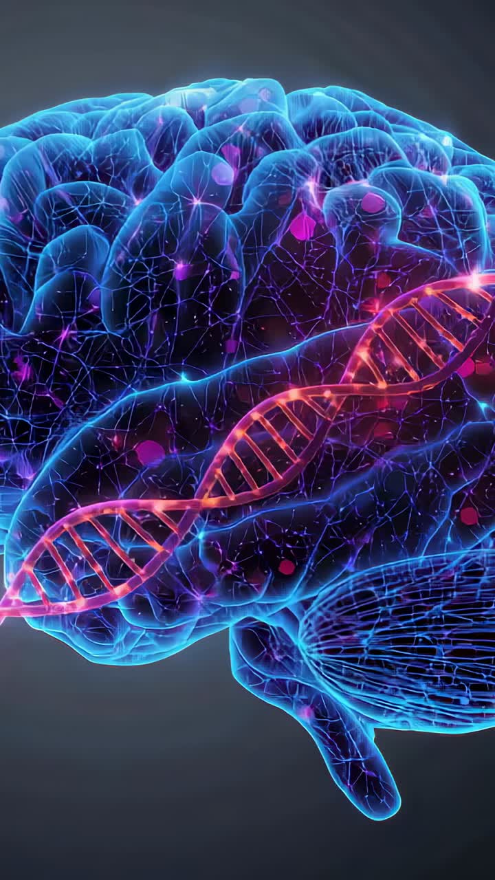 Vertical video: Opening 3D brain activating pathways in dark, influenced by drifting DNA strand