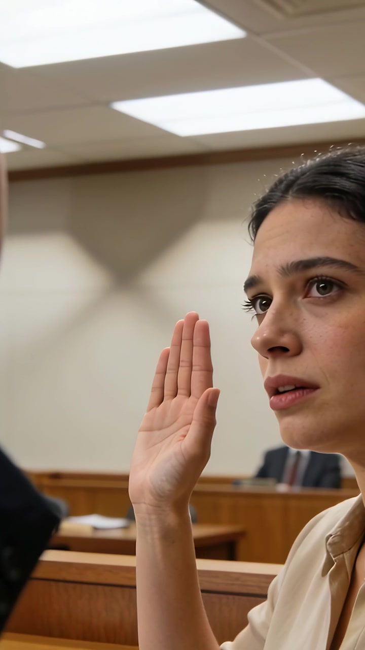Vertical video: Following official raising hand woman taking oath at court in light blouse