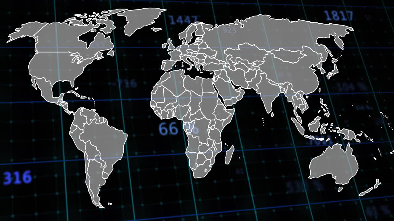 3D dashboard displaying rotating grey world map over grid with blue lines and data overlays