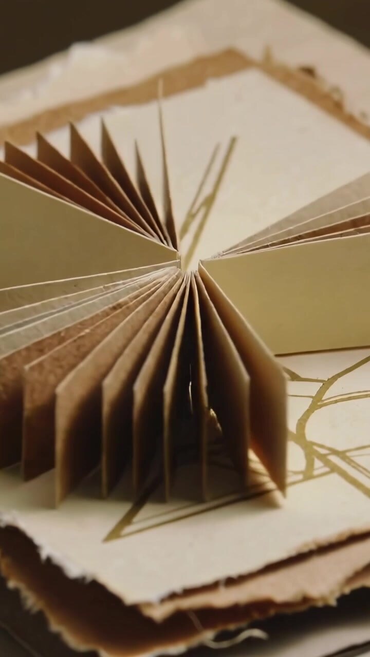 Vertical video: Shifting camera panning accordion booklets on craft desk, showing stitched hinge