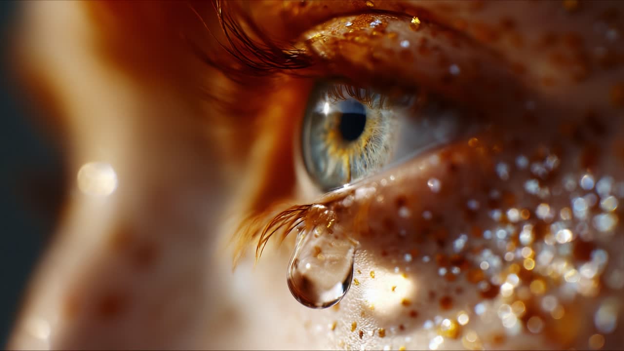 A Close-Up of a Tearful Eye, Capturing the Emotions of a Person with Freckles and Glittering Skin, Evoking a Striking Visual Representation of Melancholy and Beauty