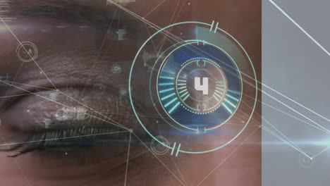 animation of scope scanning and network of connections over eye of caucasian woman