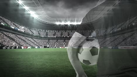 Animation-of-caucasian-male-soccer-player-with-football-over-stadium