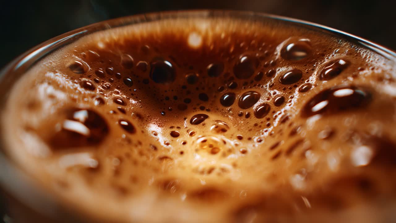 Primo piano di una schiuma di caffè ricca e cremosa con bollicine che cattura l'essenza di una bevanda appena preparata per appassionati ed esperti di caffè.