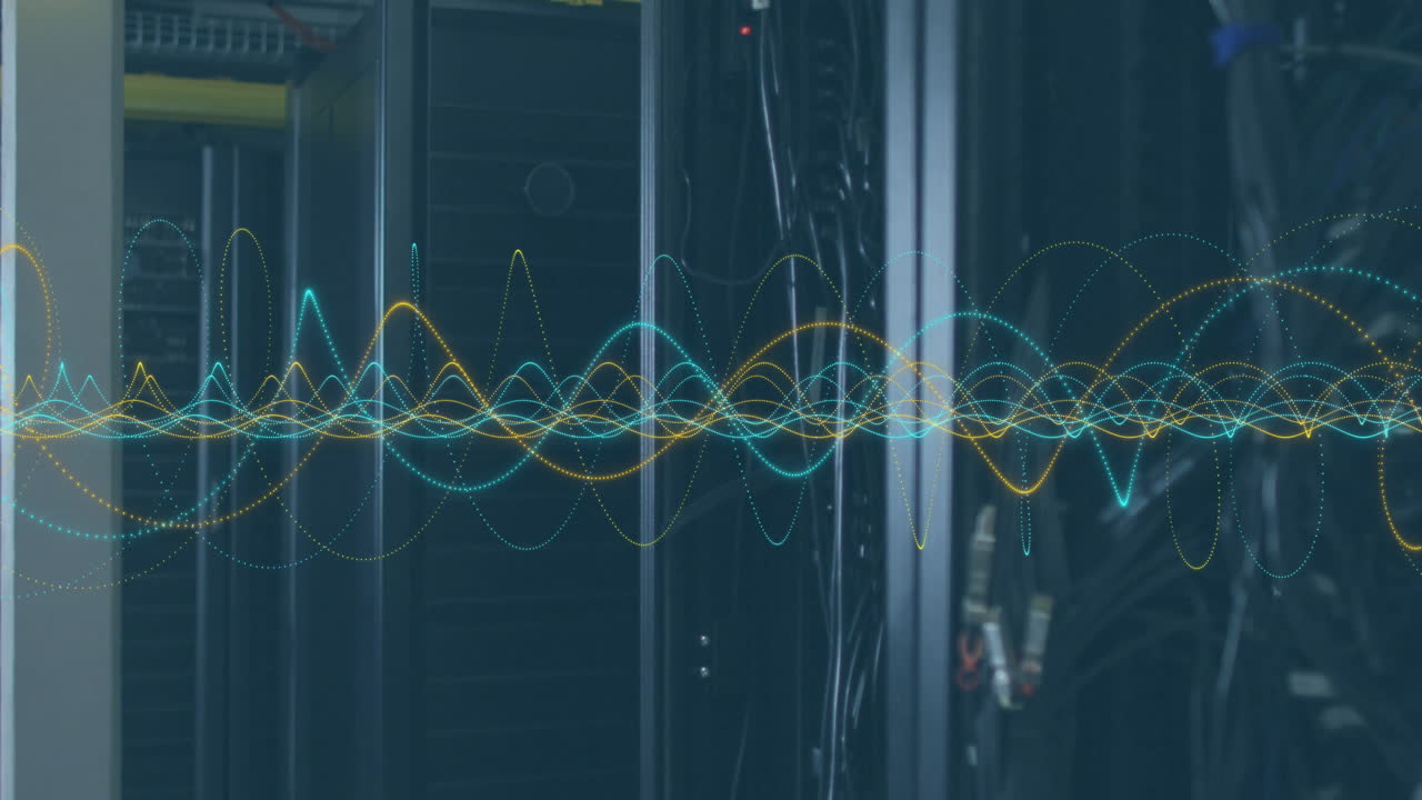 Server rack cabinet getting highlighted by multicolored data waveforms looping over network cables