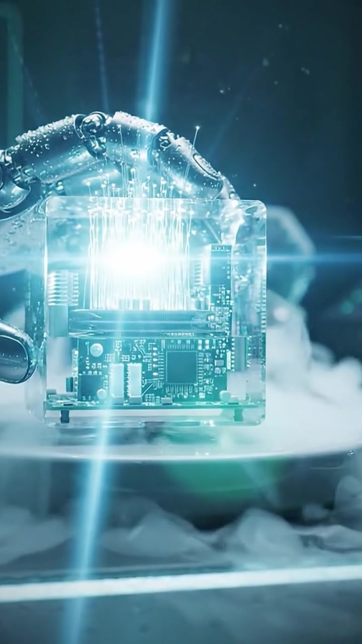 A robotic hand delicately holds a transparent cube displaying advanced circuitry and glowing optical fibers, signifying innovation in technology and artificial intelligence.