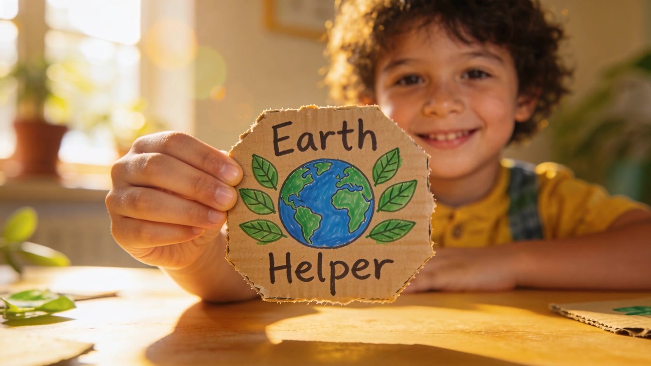 Cámara enfocando a un niño con camiseta color mostaza presentando una insignia de Ayudante de la Tierra en una mesa, mostrando una manualidad ecológica.