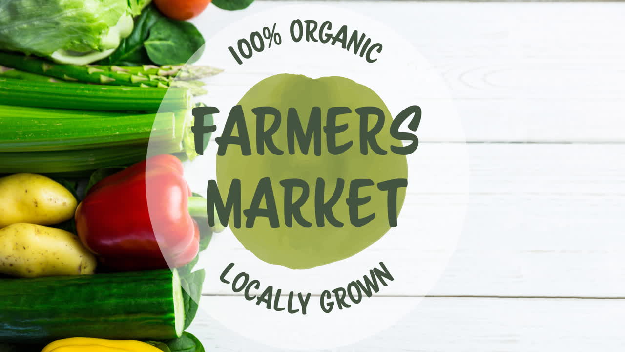 농부 시장의 애니메이션 지역적으로 재배 된 텍스트 녹색, 나무 보드에 신선한  ⁇ 러드 그 ⁇  위에