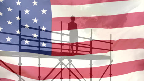 animación de arquitecto en el sitio de construcción y andamios con bandera estadounidense
