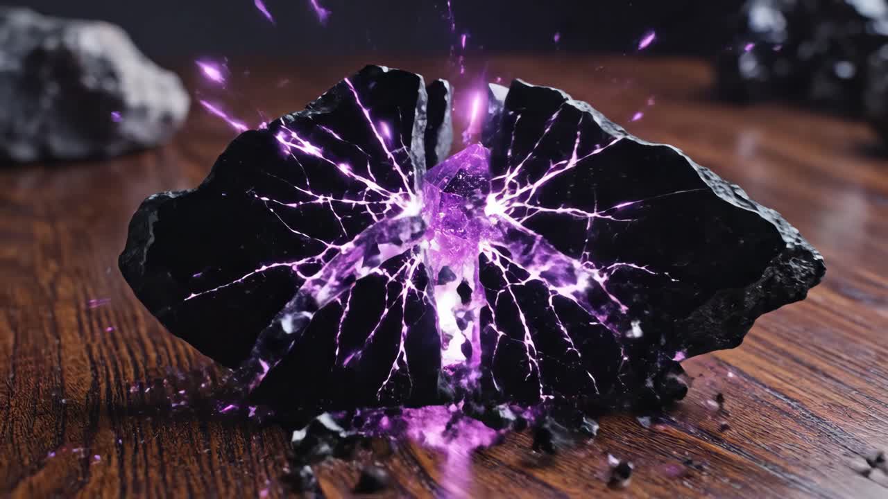 Purple Crystal Surrounded by Black Rocks on Wood