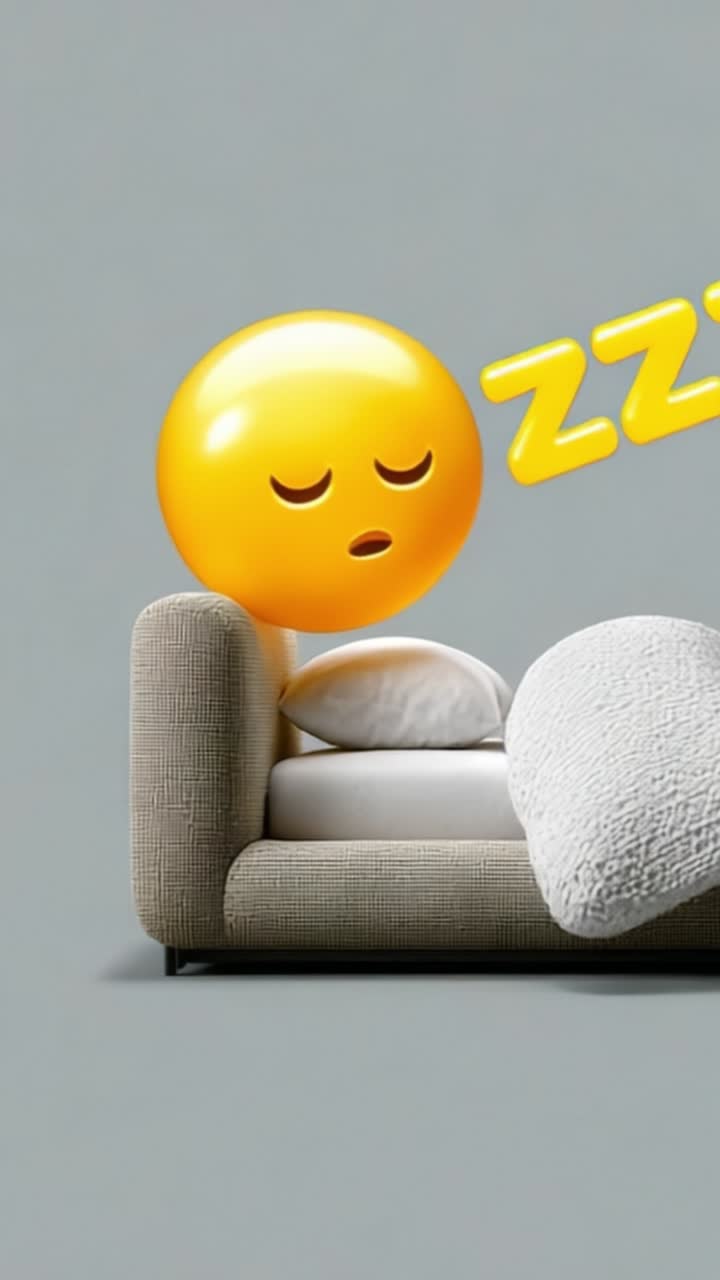 En afslappende sofaszene, der viser en søvnig emoji og puder, der fremkalder en følelse af ro og komfort i et minimalistisk stuemiljø.