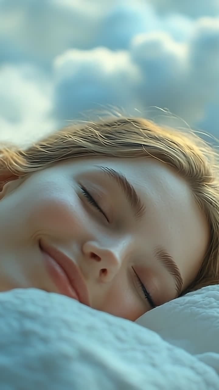 Peaceful dreams in clouds. A young woman lies on fluffy clouds, smiling serenely with her eyes closed, embodying tranquility and joy.