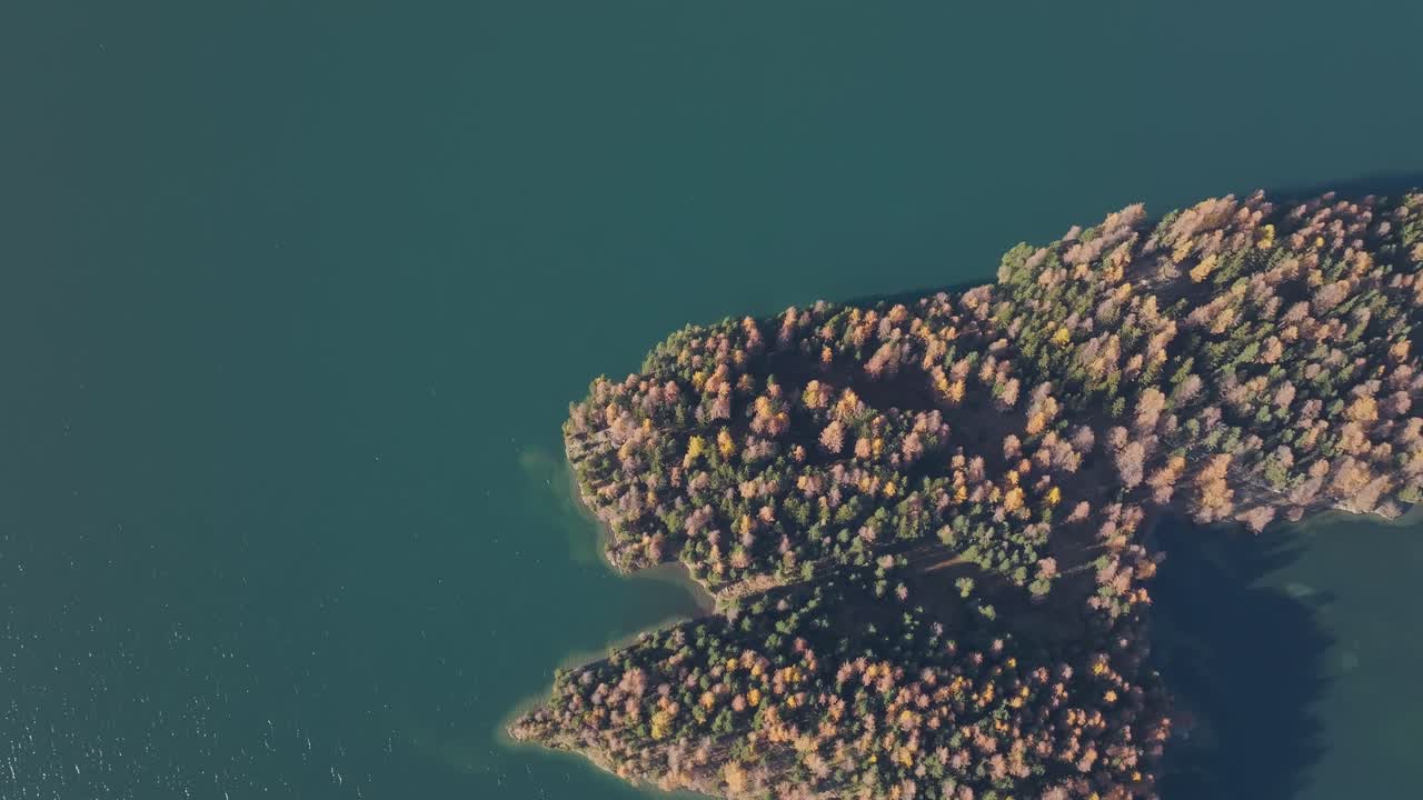 Drone view top down view colorful trees and turquoise lake with forest island in the lake