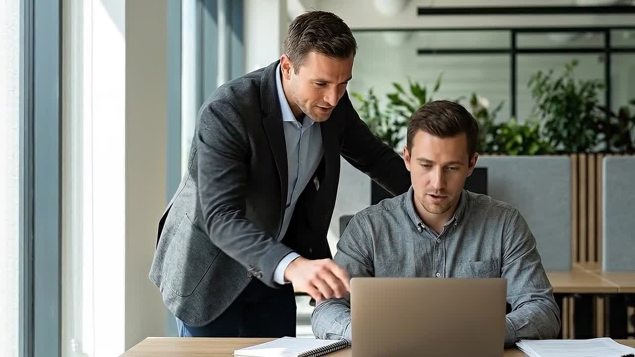 Dois Empresários Colaborando e Discutindo Trabalho em um Laptop em um Escritório Moderno