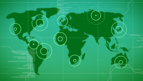 animación del procesamiento de datos y ubicaciones pulsando en el mapa del mundo sobre fondo verde