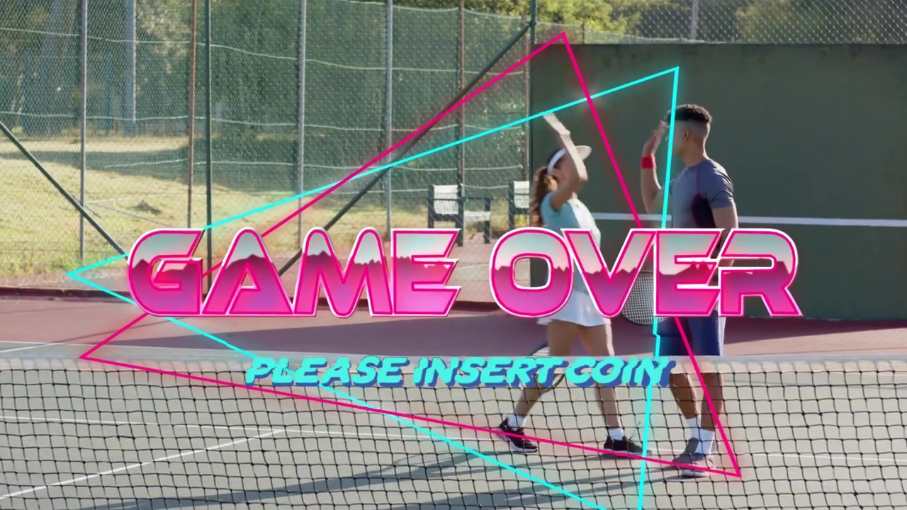 Vertical video: Sweeping GAME OVER as woman in visor swinging racket on court meeting man after win