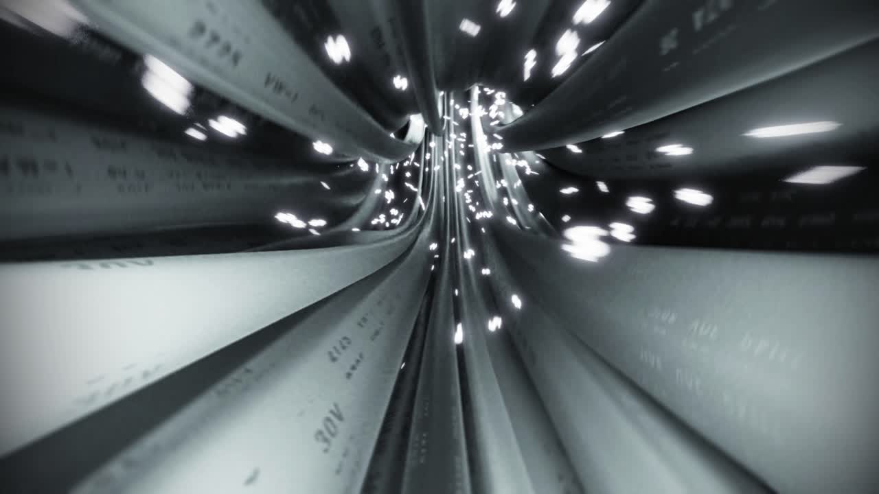 los cables, los cables, el signo del dólar, el vuelo a través de los datos, internet, el circuito de energía, la fibra 4k.