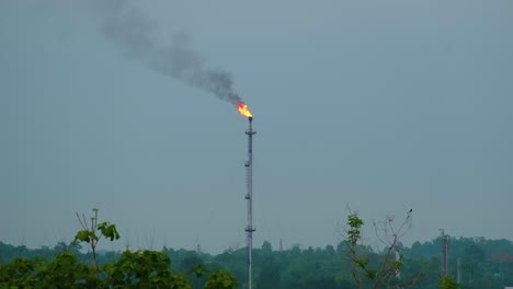 Torre-De-Tubería-De-Gas-Quema-Fuego-En-El-Bosque,-Ambiente-Contaminante-De-Humo