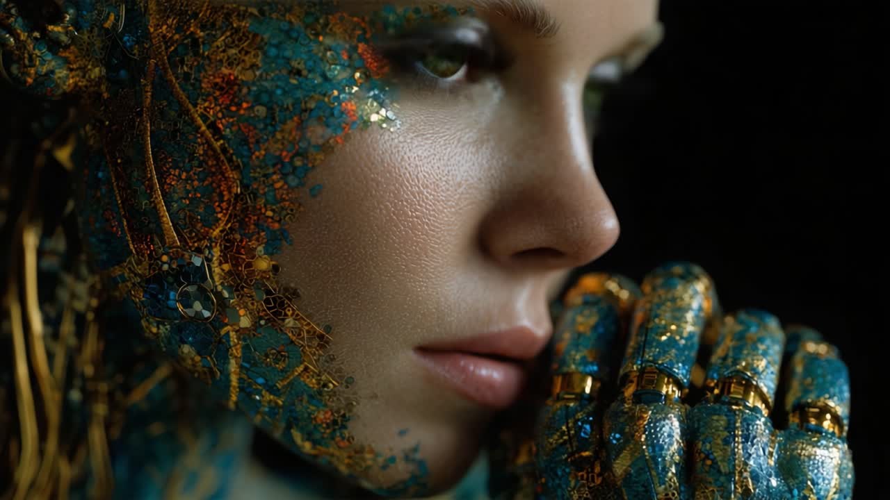 Una Vista Ravvicinata di una Persona con Intricata Body Art e Caratteristiche Robotiche, che Evidenzia Motivi e Texture Unici su Viso e Mani, Esprimendo Emozione e Profondità