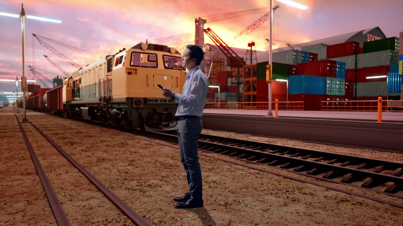 Full Body Side View Of Asian Male Worker Use Phone With Freight Cargo Train At Port, He Observes By Looking Around Before He Come To Concentrating With His smartphone