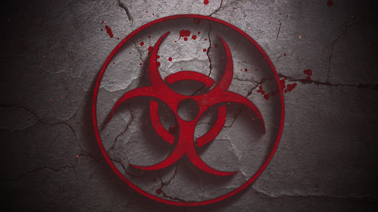 texto animado de primer plano coronavirus y fondo de horror místico con signo tóxico y sangre oscura