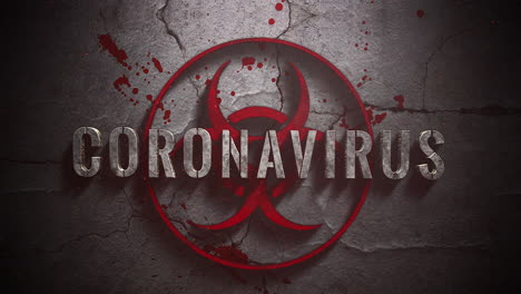 animated closeup text coronavirus and mystical horror background with toxic sign and dark blood