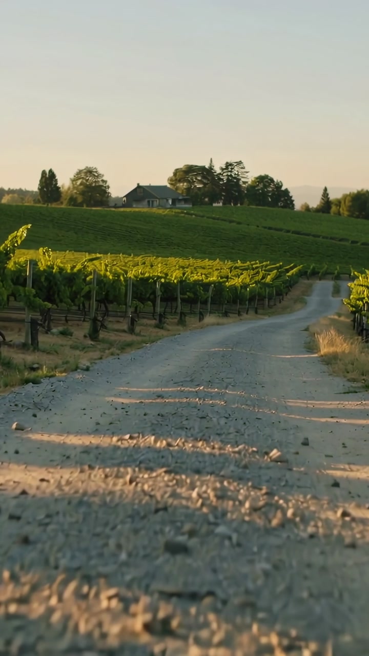 Golden Hour Light on a Dirt Road Through a Rolling Vineyard
