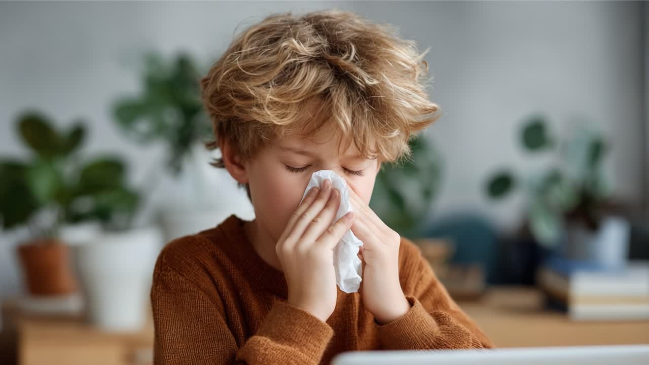 A Young Boy Demonstrating Signs of a Cold, Comfortably Sitting at Home While Blowing His Nose with a Tissue in a Cozy Indoor Environment, Surrounded by Houseplants